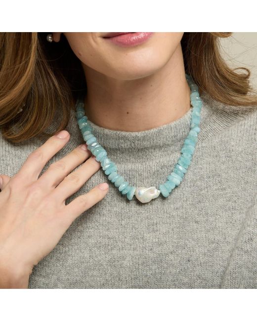 Pearls of the Orient Online Blue Clara Chunky Graduated Aquamarine Necklace With Central Cultured Freshwater Pearl