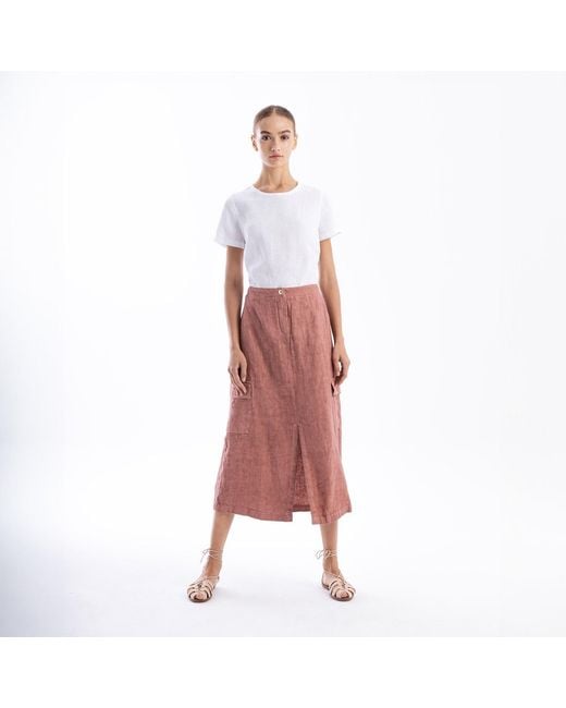 Haris Cotton Pink Cargo Linen Skirt With Pockets And Front Slit Blush