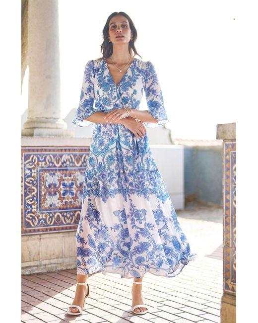 Yumi' Blue Paisley Wrap Maxi Dress