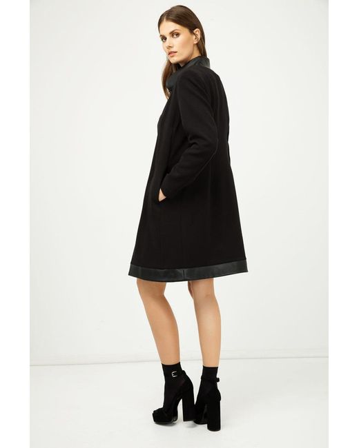 Conquista Black Coat With Pleather Detail
