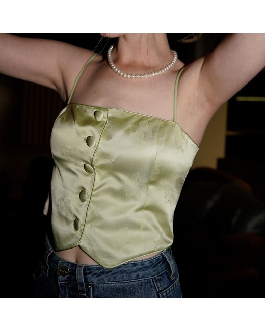 NOT JUST PAJAMA Green Silk Bustier Camisole With Vest Design