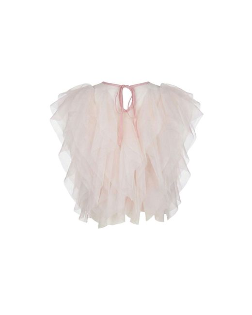 Modenaire Pink Sheer Tulle Blouse With Cascading Ruffles