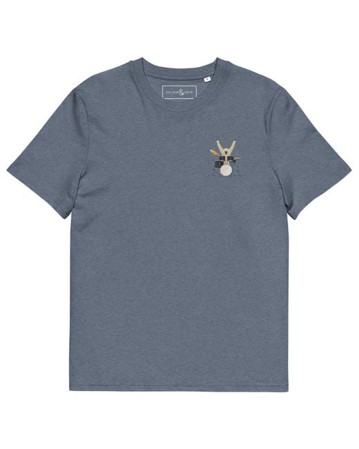 Anchor and Crew Blue Heather Drummer Monkey Organic Cotton Embroidered T-Shirt for men