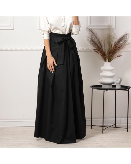 Nikka Place Black Maxi Cotton Elegant Skirt With Front Bow & High Waist