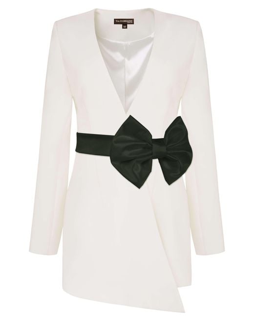 Tia Dorraine White Rare Pearl Blazer With Detachable Bow Belt
