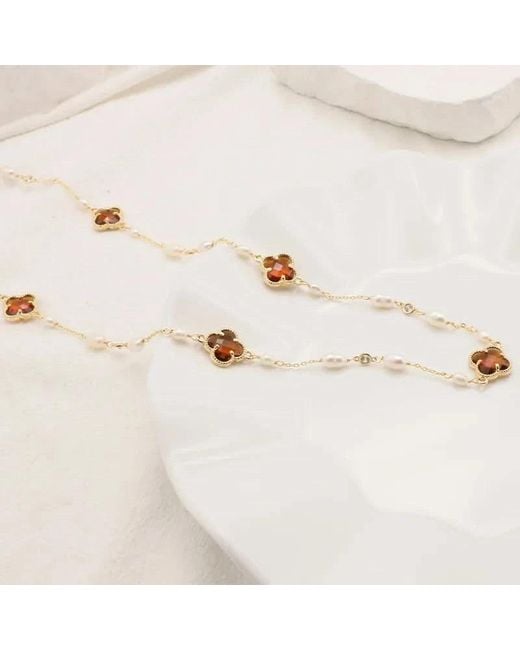 Angel Barocco Metallic Clover Crystal Freshwater Pearl Long Necklace