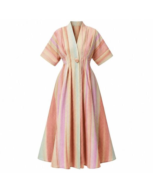 Exquise Pink Angilia V-Neck Linen Blend Midi Dress- Multi Color