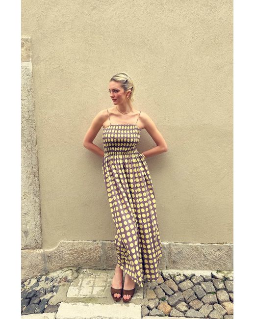 Amy Lynn Natural Darcy & Aubergine Contrast Polka Dot Smocked Midi Dress