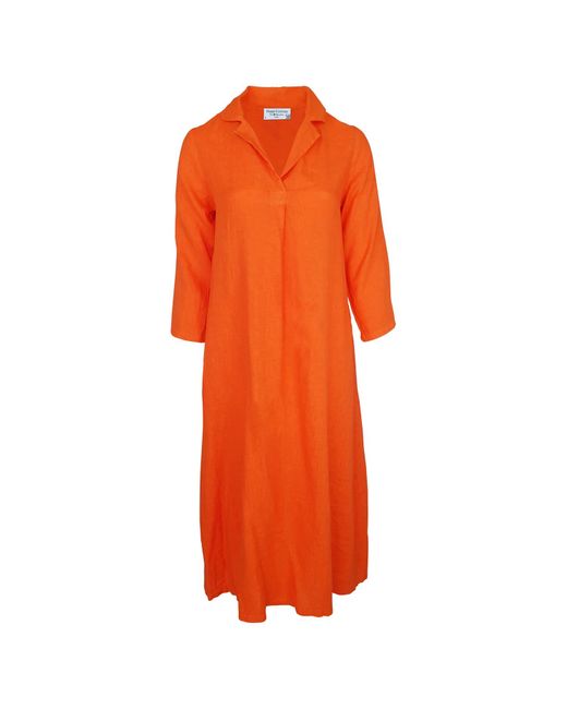 Haris Cotton Orange Maxi Linen Dress With Front Pleat And Lapels