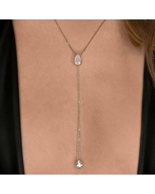 SALLY SKOUFIS White Pure Lariat With Natural Moonstone & Made Cz Diamond Stimulant