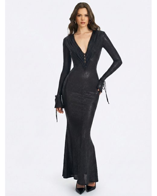 Miss Circle New York Black Ilysia V-Neck Plunge Snakeskin Mermaid Hem Maxi Dress