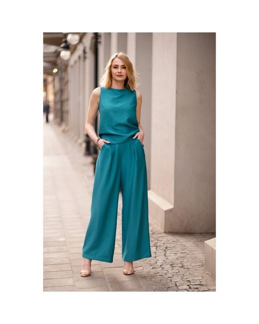 Oh!Zuza Blue Matte Viscose Top & Wide-Leg Trousers Set
