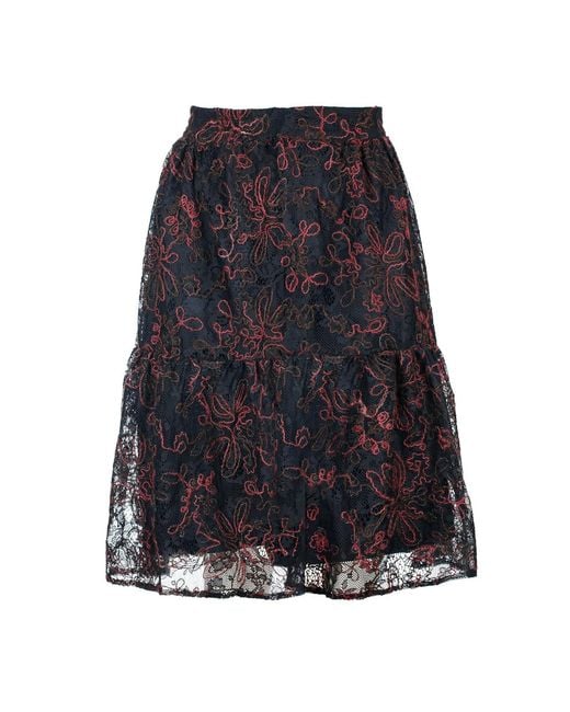 Conquista Blue Lace Skirt With Dark Stitching – Viscose-Wool Blend, Below Knee, Elastic Waist