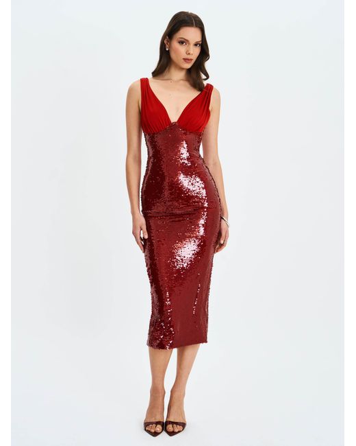 Miss Circle New York Red Shanelle Crimson Sequin Plunging Midi Dress