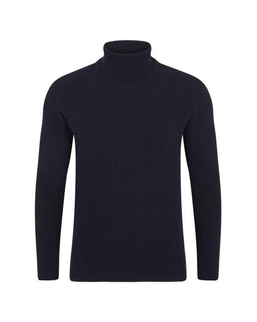 Paul James Knitwear Blue Midweight Cotton Bernard Ribbed Roll Neck Jumper for men