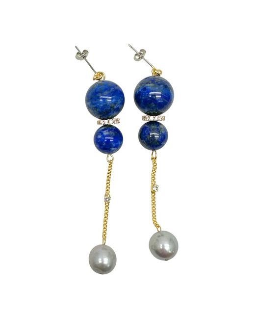 Farra Blue Stylish Lapis And Gray Freshwater Pearls Dangle Earrings