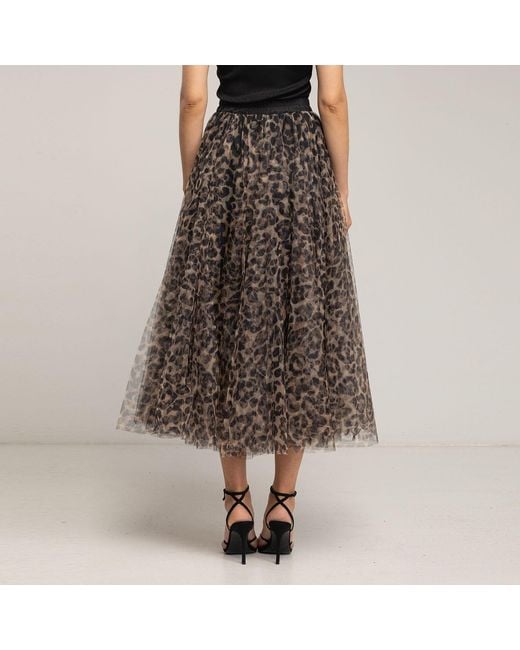 Tantra Spain Sl Brown Multi-Layered Tulle Midi Skirt, A-Line Cut, Animal Print, Elastic Waistband
