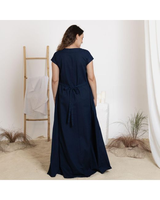 Nikka Place Blue Linen Maternity Maxi Dress With Back Tie And Pockets