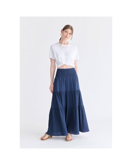 Paisie Blue Cheesecloth Shirred Waist Tiered Maxi Skirt
