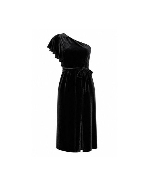 Yumi' Black Velvet One Shoulder Midi Dress