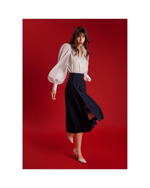 Femponiq Blue High-Waisted Pleated Midi Skirt With Asymmetric Slits