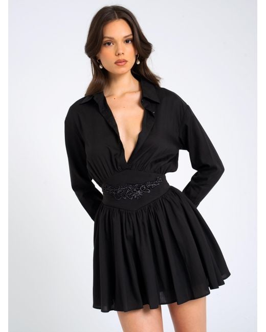 Miss Circle New York Black Jamila Shirt Mini Dress With Embroidered Waist Detail