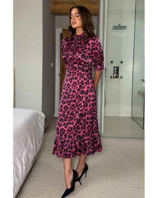 Girl In Mind Red Kirsty Ruffle Hem Midi Dress Leopard