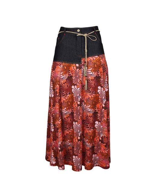Lalipop Design Red All-Over Floral Print Skirt With Asymmetric Denim Cut