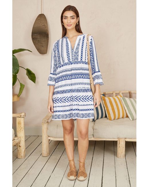 Yumi' Blue Geo Stripe Print Beach Tunic