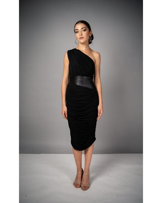 Monice London Black Riri One Shoulder Midi Dress