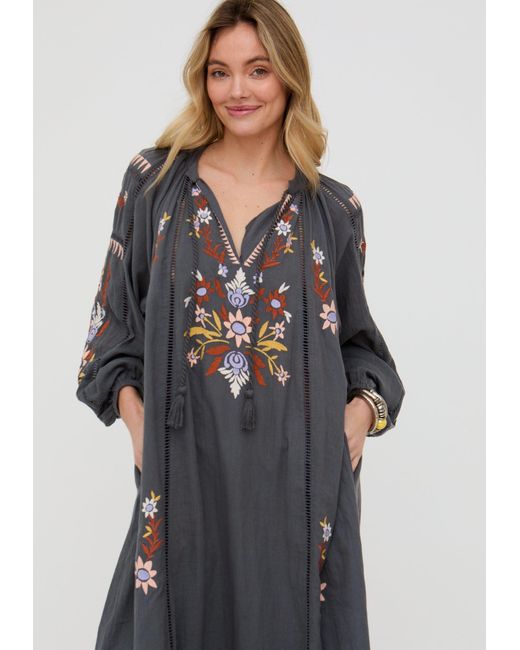 Raffya Gray Elisa Kaftan Style Embroidered Maxi Dress