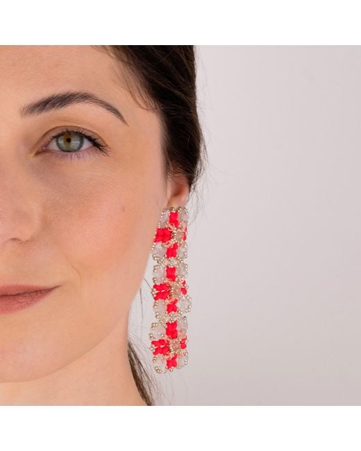 Oana Savu Pink Glass Beads & Lace Design Long Elegant Earrings