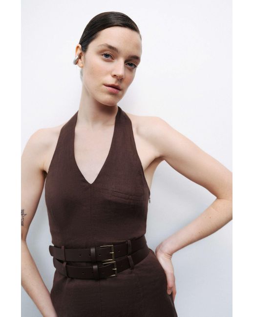 Nocturne Brown Double Belt Detailed Mini Dress