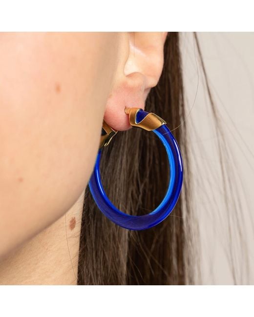 Gold & Honey Blue Sapphire Classic Flat Lucite Birthstone Hoop Earrings