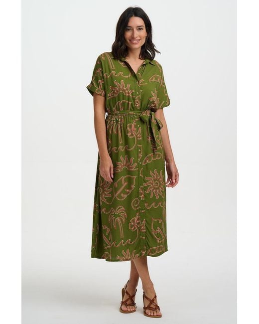 Sugarhill Green Leigh Midi Shirt Dress Khaki, Tropical Line Drawing