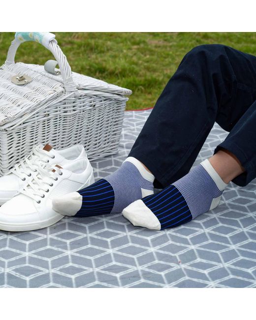 Peper Harow - Made in England Blue Multistripe & Oxford Stripe Trainer Socks Bundle for men
