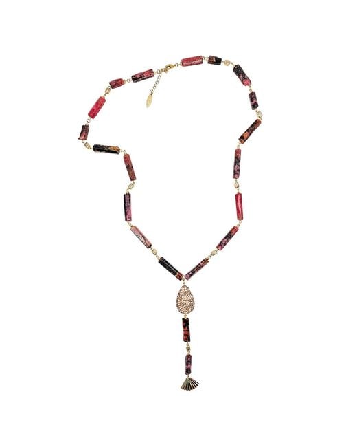 Farra Metallic Elegant Y-Shaped Rhodonite Necklace With Tassel Accents