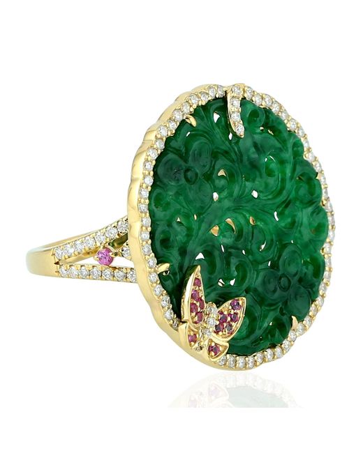 Artisan Green Carving Jade & Sapphire With Diamond Butterfly Ring