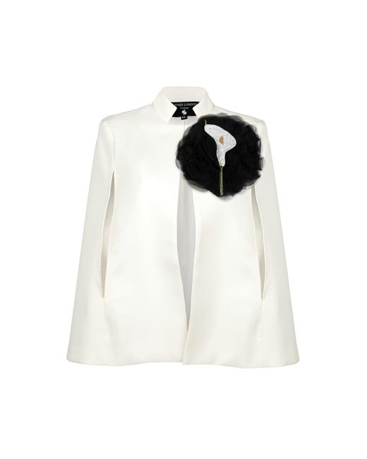 House of Laines London White Neutrals Laines Ivory Couture Tailored Cape With Embellished Lily Flower Corsage
