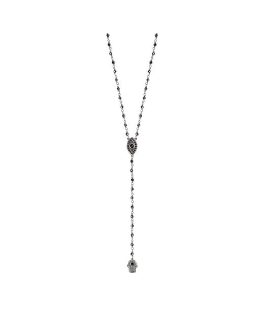 Karma and Luck Metallic Hematite Rosary Evil Eye Hamsa Necklace – Strength & Spiritual Protection Jewelry – Stand