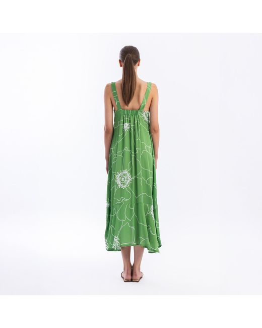 Haris Cotton Green Printed Satin Maxi Dress With Straps And Ruffled Hem Peonies