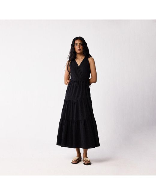 REISTOR Women's Black Sleeveless Embroidered Wrap Dress With Tiers