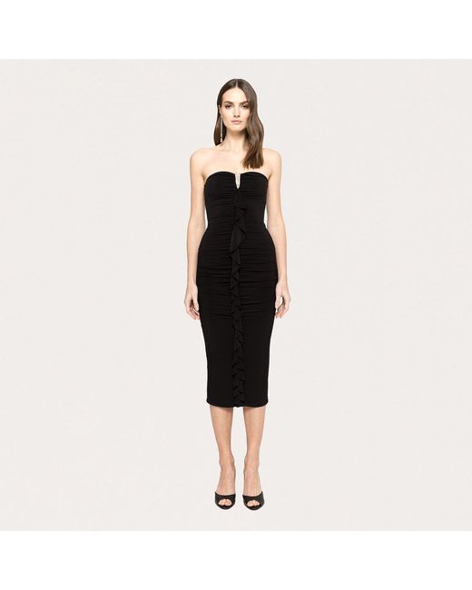 Nissa Black Ruffled Ruched Jersey Midi Dress