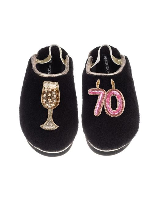 Laines London Black Flatform Cloud Closed Toe Slippers With 70Th Birthday & Champagne Glass Brooches
