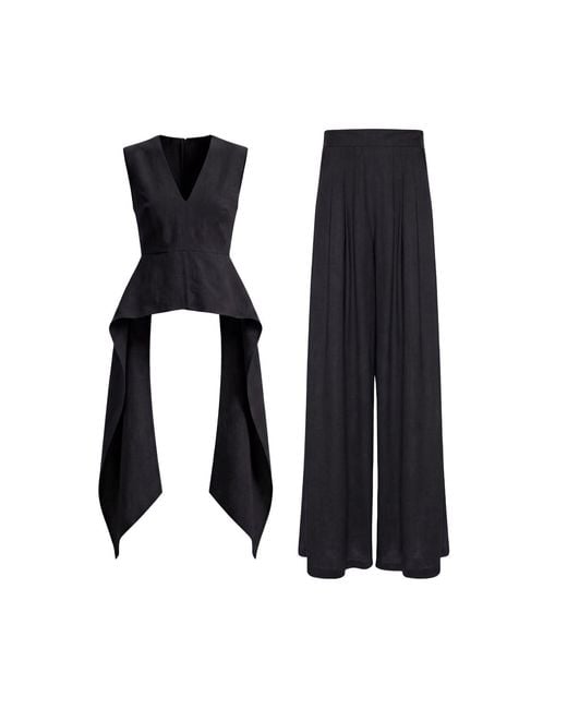 BLUZAT Black Linen Peplum Top & Wide-Leg Trousers Set