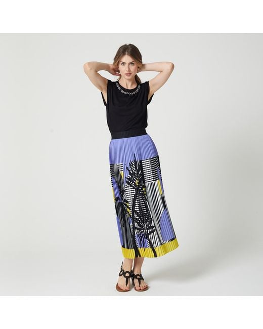 Lalipop Design Blue Stripe And Palm Print Pleated Recycled Fabric Maxi Skirt