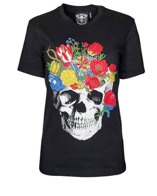 Any Old Iron Black Embroidered Skull Bouquet T-Shirt