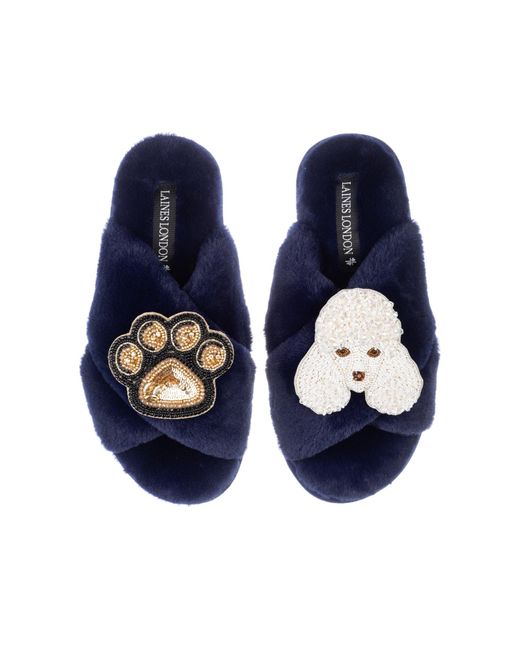 Laines London Blue Classic Laines Slippers With Pearl The Poodle & Paw Brooches