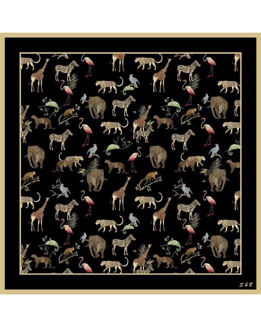 Silk and Bears Black Noir Safari Wool Silk Scarf – Hand-Rolled Animal Motif Wrap