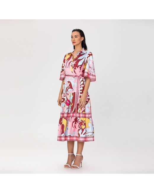Smart and Joy Pink Midi Shirt Dress With Artistic Print And Tied Belt